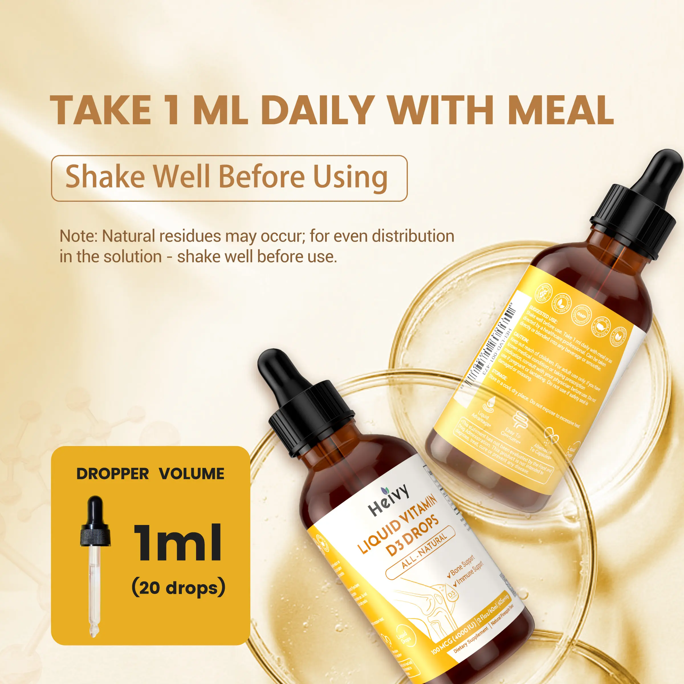 Heivy Liquid Vitamin D3 Drops |Bone and Immune Support | Natural Made Ingredients | Vitamin D3 Liquid 100 mcg (4000 IU) | Vegan | Gluten Free | Non-GMO | 2 fl oz (60ml)