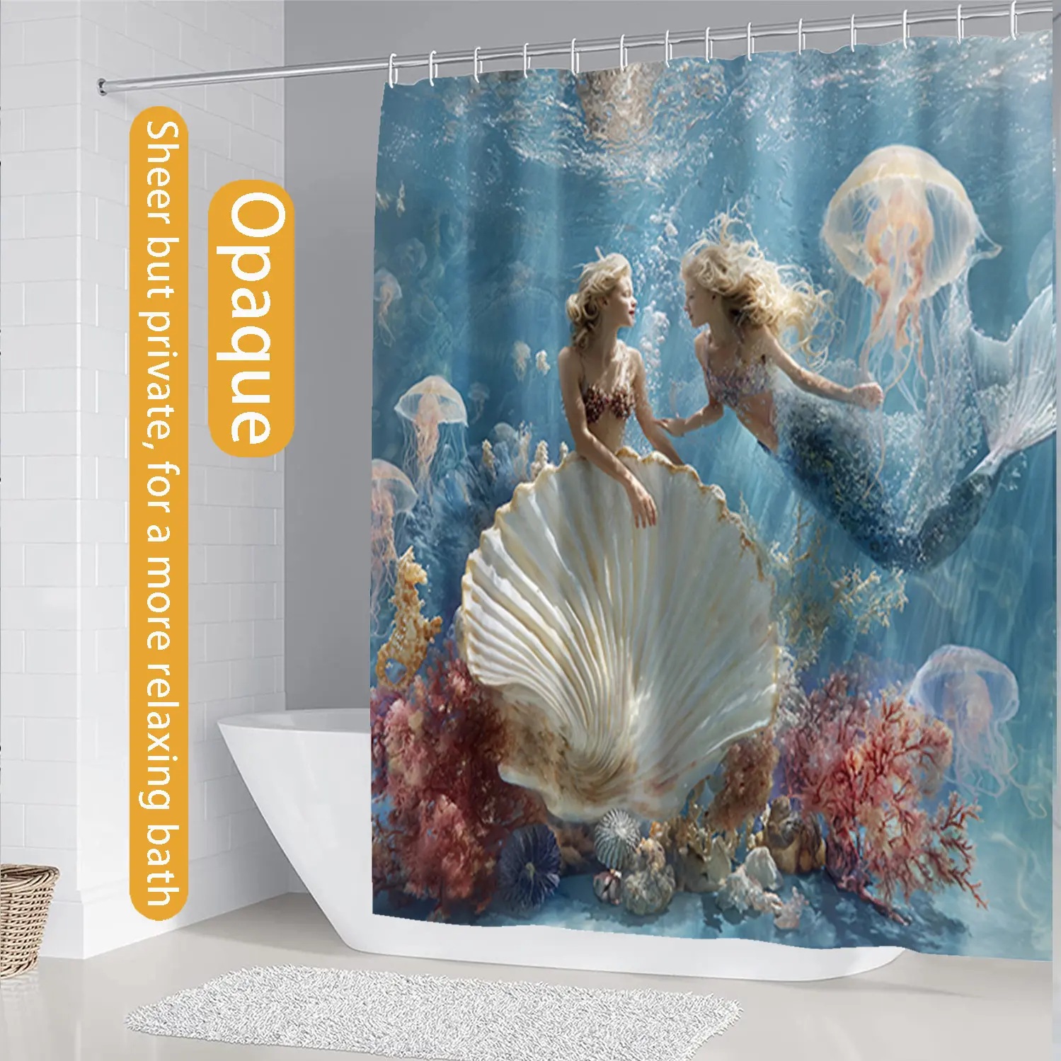 1/4 piece 2D flat printed mermaid design shower curtain set, waterproof polyester fiber, including toilet cover and anti slip carpet, U-shaped pad, optional single shower curtain, essential for home decoration