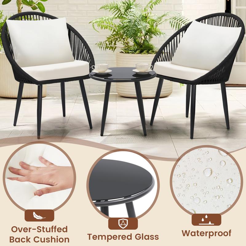 3-Piece All-Weather Bistro Set – Woven Rope Chairs with Cushions & Side Table, Modern Black Patio Set for Balcony, Poolside & Outdoor Lounging