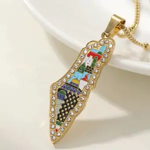Palestine Cities Necklace Adjustable Cultural Landmark Pendant with Colorful Map Design