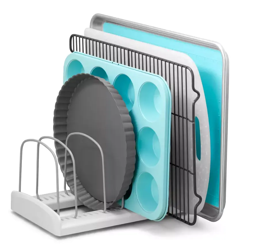 Bakeware Organizer Rack, Non-Slip Multi Compartment Baking Pan Storage Holder, Vertical Kitchen Cabinet & Pantry Organizer for Cookie Sheets, Baking Trays, Pans