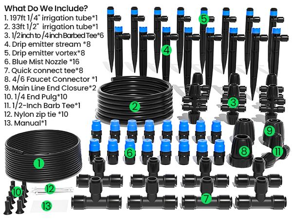 MIXC 230 FT Auto Drip Irrigation Kit – Quick Connector Tubing, 1/4″ & 1/2″ Lines, Emitter + Sprinkler Set for Garden · Raised Bed · Greenhouse