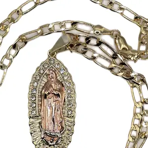 Gold Chain Virgin of Guadalupe Pendant Necklace with Rhinestone Accents and Figurine Design