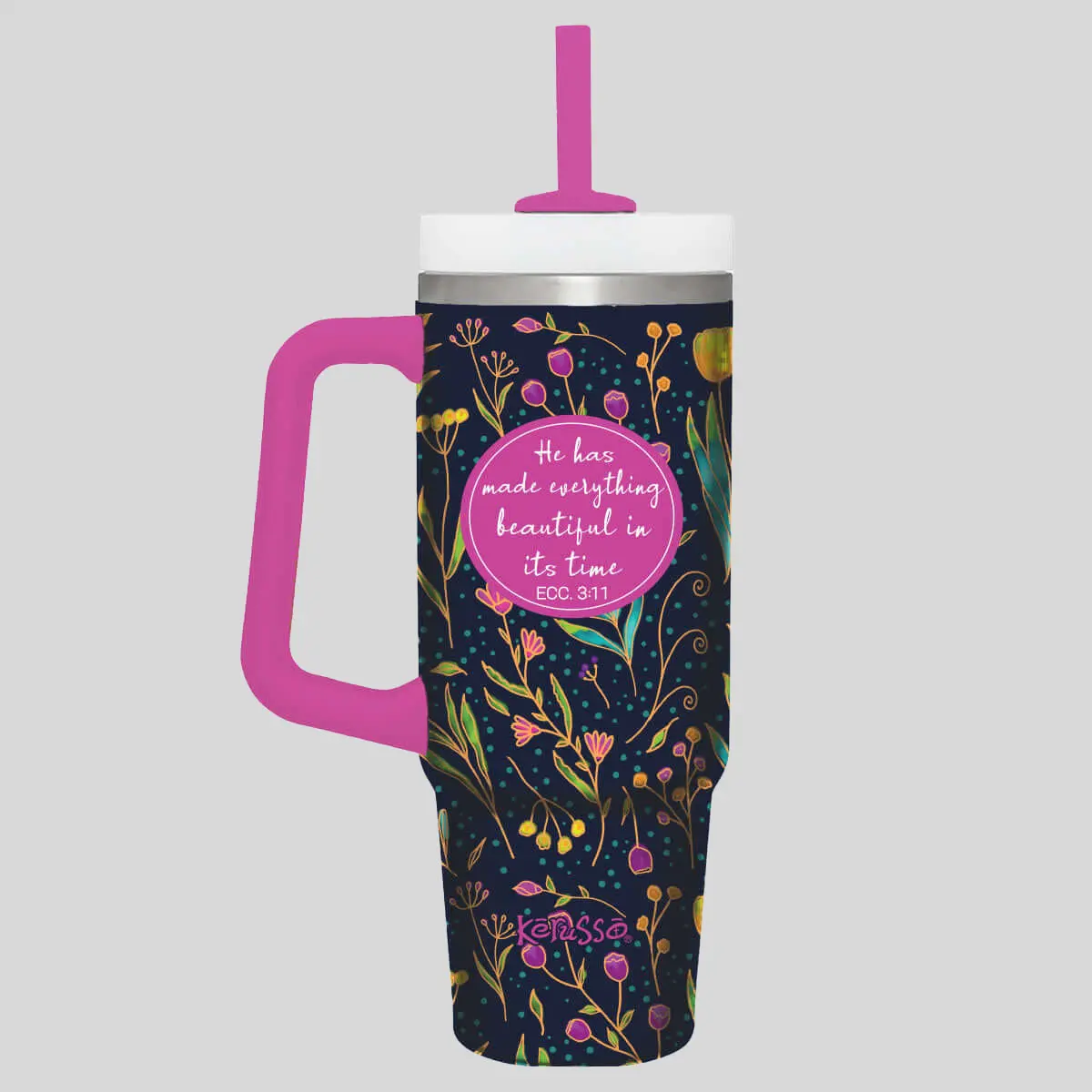 Kerusso 30 oz Portable Stainless Steel Thermal Flask Tumbler with Plastic Lid, Straw, "Everything Beautiful" Design, Hand Wash Only, Ideal for Outdoors