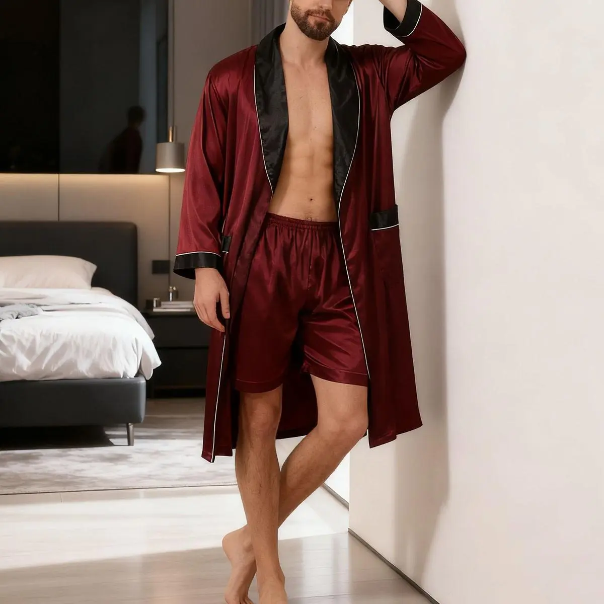 Men's Silky Loungewear Set, 2-Piece Cardigan Robe and Shorts, Elegant Menswear Nightwear with Contrast Lapel for Home or Hotel, Long Sleeve, Loose, Baggy, Oversized, Soft