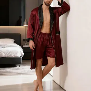 This men's silky bathrobe set features a black patchwork lapel and delicate piping. The lightweight, smooth fabric is comfortable and breathable, making it suitable for relaxing at home, hotel vacations, and other luxurious occasions.
