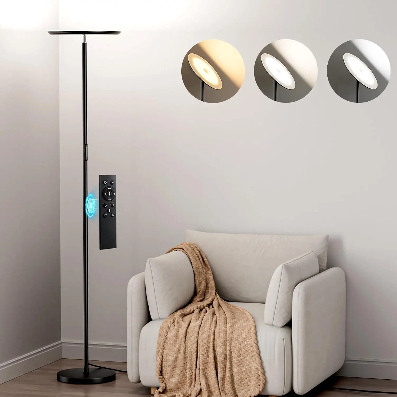 Modern LED Sky Torchiere Floor Lamp - 69.3" Tall Adjustable Stand Torchiere, 50ft Distance Remote & Touch Control, 40W/2400LM AC Power Supply, Fully Dimmable, 3 Color Temperatures, Accent Lighting, Easy to Assemble for Living Room, Bedroom, Accent Lightin
