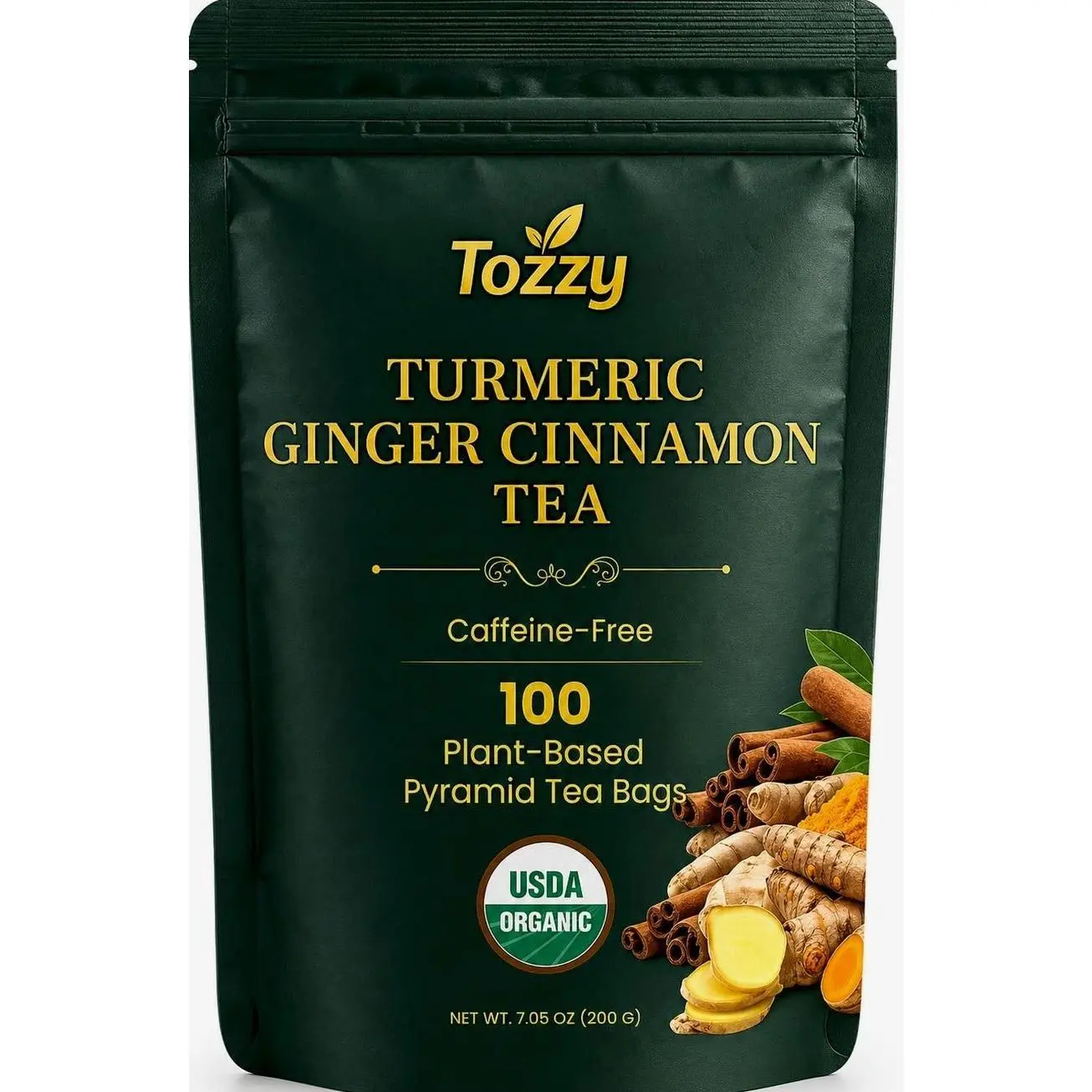 Tozzy Organic Turmeric,Ginger & Cinnamon Tea – 100 Count, Plant-Based Pyramid Tea Bags – Packaging May Vary