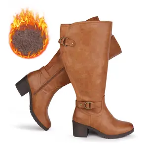 Women's Extra Wide Calf Knee-High Riding Boots with Cashmere Lining Block Heel & Decorated Double Buckle for Comfortable Style