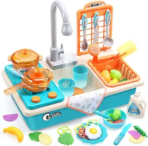 Cute Stone Pretend Play Kitchen Sink with Running Water, Upgraded Electric Faucet, Realistic Learning Cooking Set, Play Kitchen Accessories, screen-free summerwins