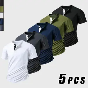 5PCS Slim-Fitting Men's Cotton Stretch Henley Tee | Casual Short Sleeve T-Shirt with Pocket