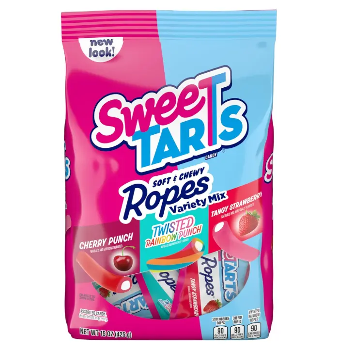 SweeTARTS Ropes Candy, Variety Mix, Cherry Punch, Twisted Rainbow Punch, Tangy Strawberry, Soft and Chewy, 15 oz
