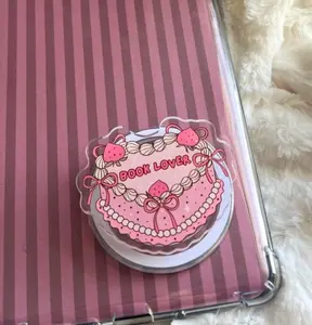 Cute Book Lover Cake Phone Grip – Pink Strawberry Aesthetic Pop Socket & Kickstand