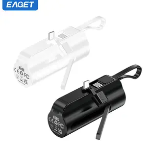 EAGET  Mini Power Bank 5000mAh,Capsule Power Phone Charger  ,Portable Charging Cable with Dual Type-C Chargeable,Ports for iP 16/ 15/15 plus/15 pro/15 pro Max/Android Smartphone/Samsung/Moto/LG etc (Black,White)Plug Battery Pack