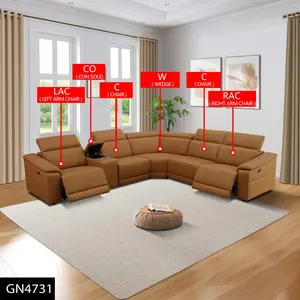 Light Brown Top-Grain Breathable Leather 6-Piece Living Room Recliner Sofa Set with Cup Holders and USB Charging Ports