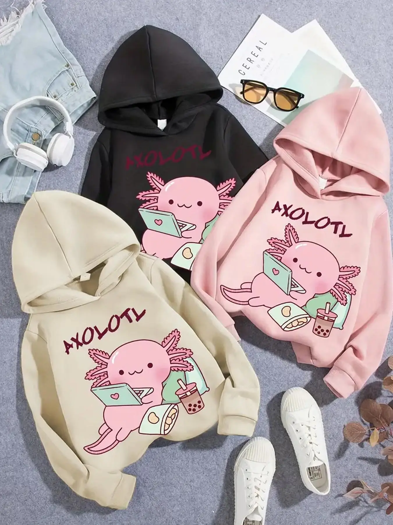 Girl's Cartoon & Letter Print Hoodie, Fashion Casual Drop Shoulder Long Sleeve Hooded Sweatshirt for Daily Outdoor Wear, Girls Clothing for Fall & Win
