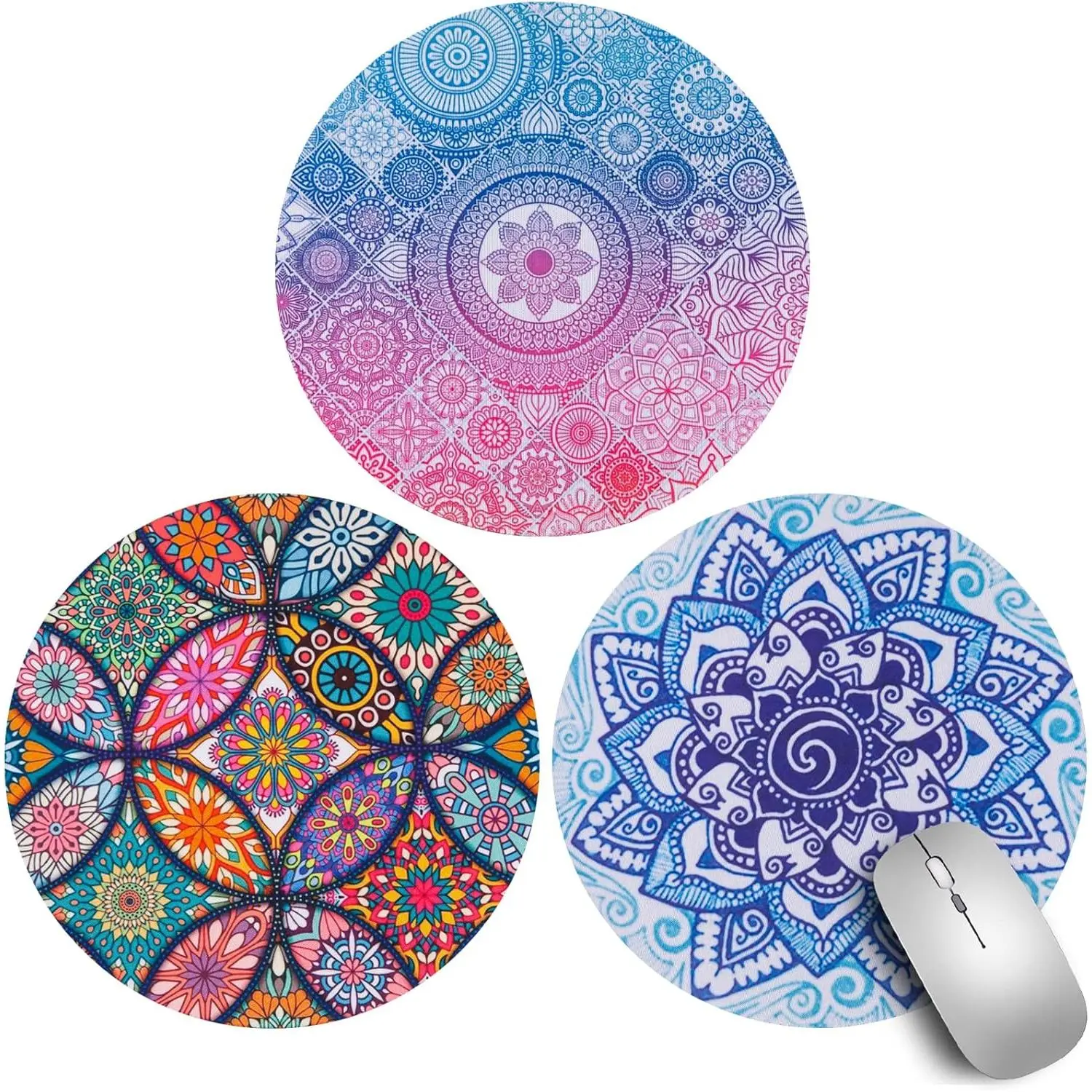 3 Pack  Pads Mandala Cute Mousemat for  Office Work Desk Computer Laptop Travel, Small Mousepad 7.9 in Soft Smooth Patterned Fabric Rubber Base Non-Slip Pretty