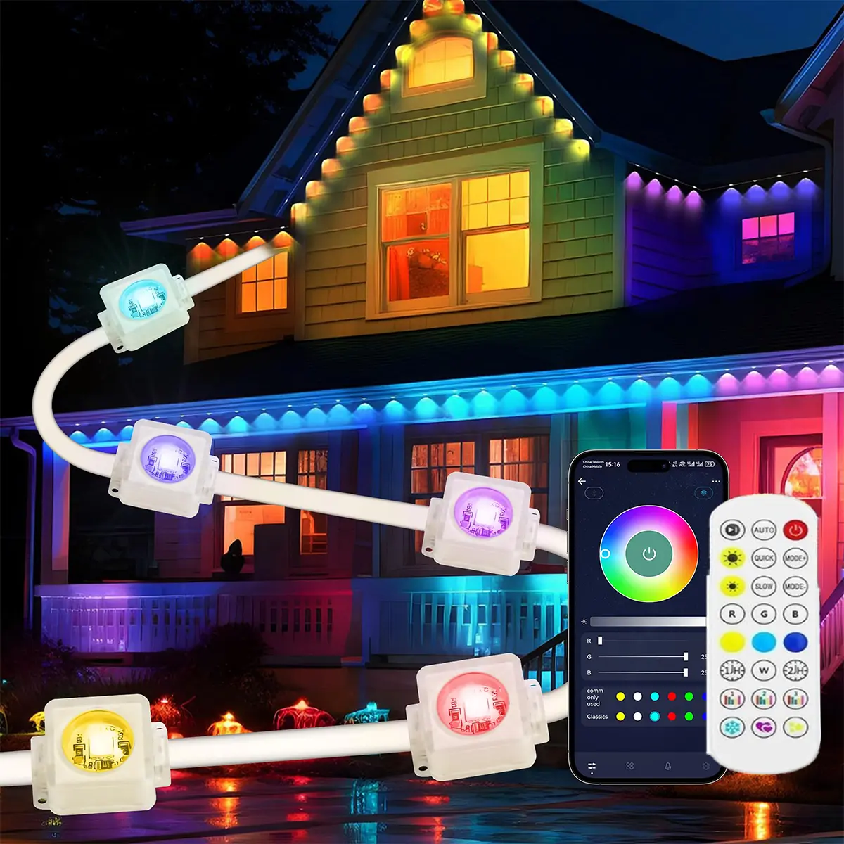 Smart Outdoor Gutter Light, Ip67 Waterproof, 213 Scene Modes, APP & Remote Control, Music Sync, Easy Installation, Christmas Decorations