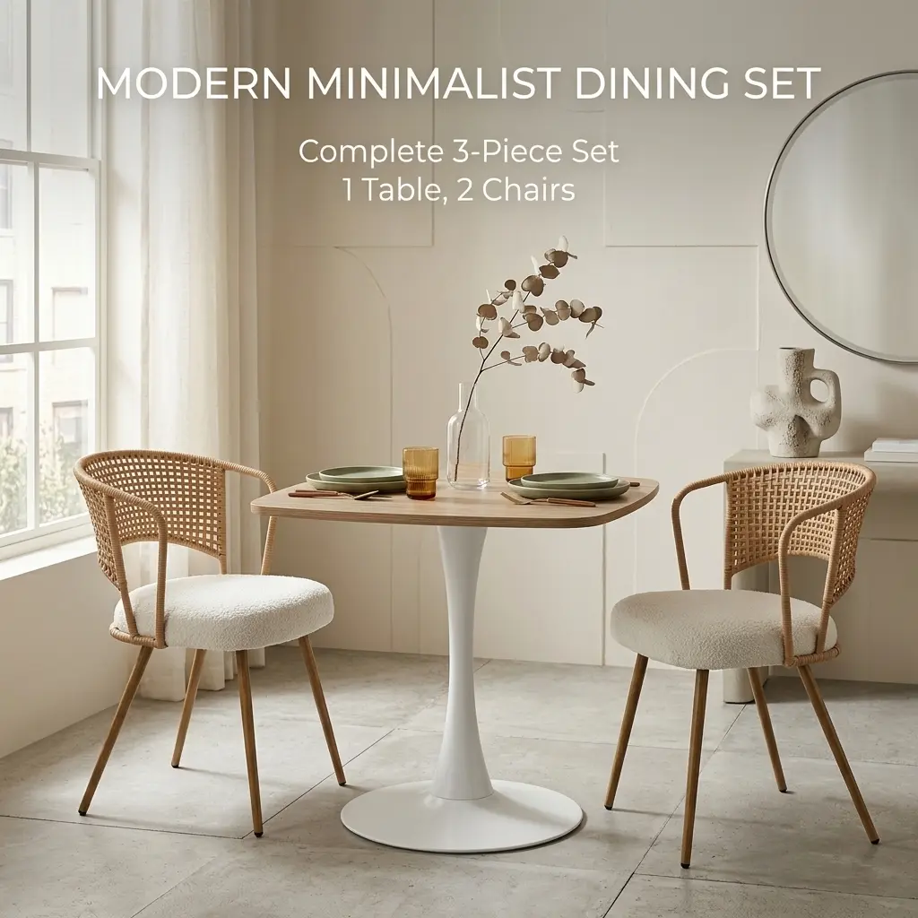 Faux Oak 3-Piece Square Dining Table Set for 2, 24" Tulip Table with Pedestal Base & 2 Wicker Rattan Chairs with Cushioned Seats, Mid-Century Modern Bistro Set for Small Apartments, Kitchen, or Cafe, 2-Box Shipment, Easy Assembly