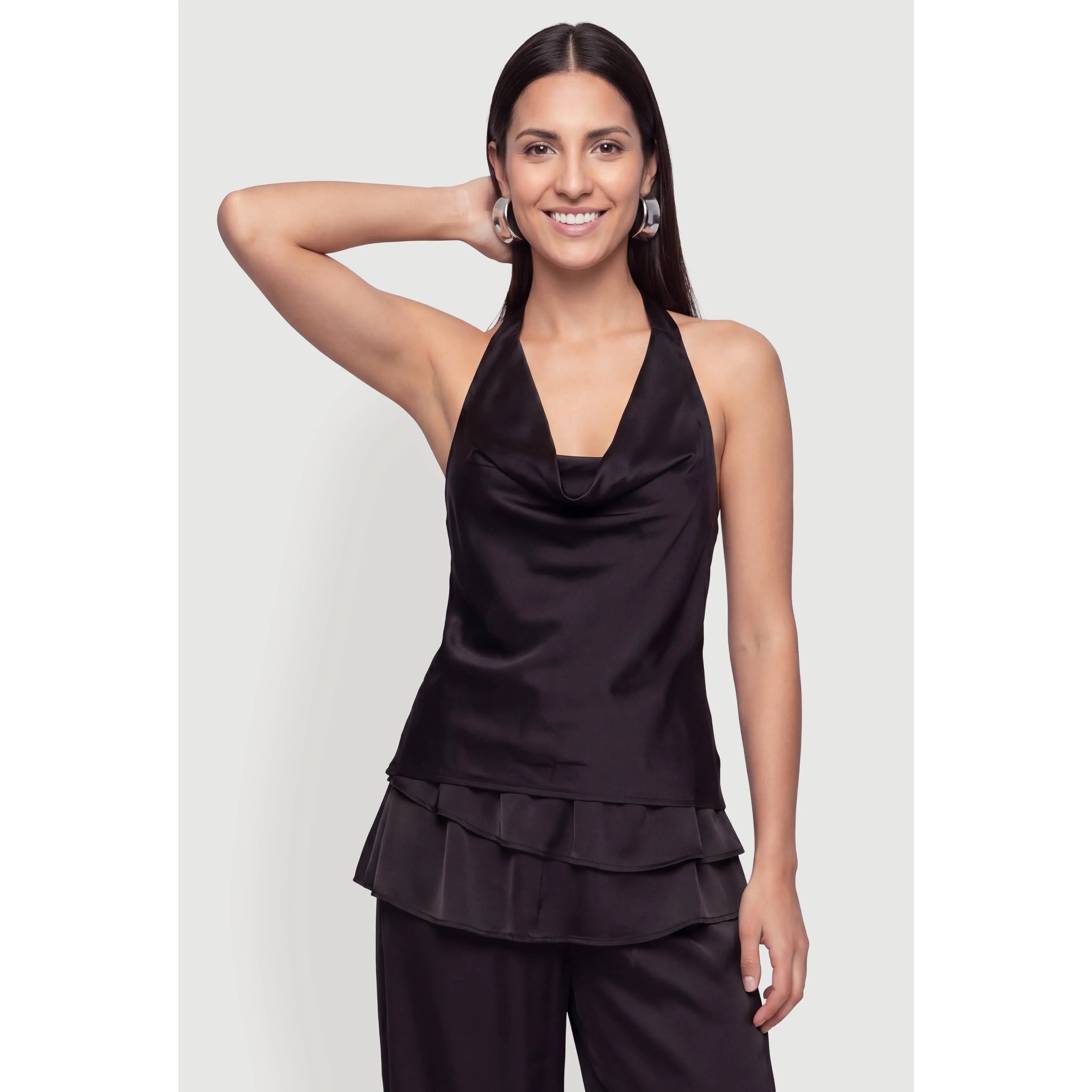 Satin Tie Back Cowl Neck Halter Top