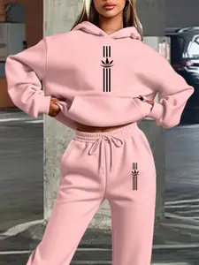Women's Hooded Sweatshirt Set, Autumn Winter Trifoliate Striped Print, Casual Fitted Sportswear, Athleisure Tracksuit Sets, Simple Printed Style for Daily Wear, Streetwear Tracksuit
