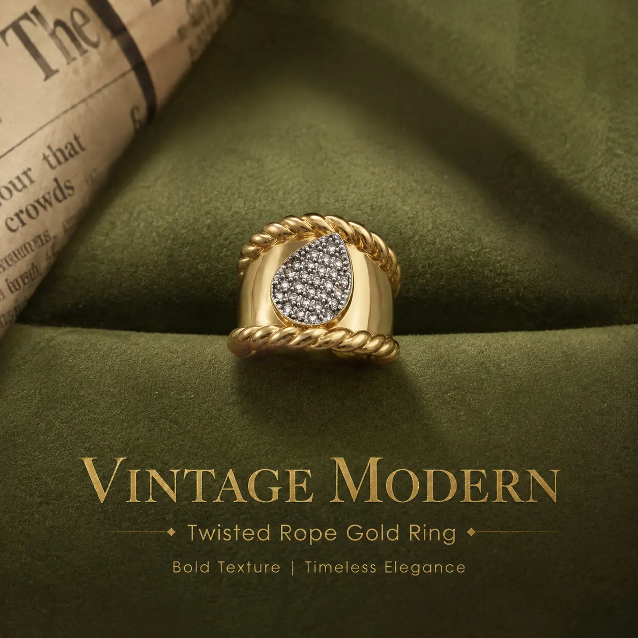 Vintage Modern Elegance Gold Ring | Twisted Rope Pavé Teardrop Statement Ring | Luxury Adjustable Ring