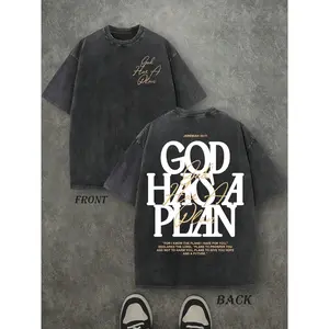 Retro Washed T-Shirt Double Sided Printed (230 Pure Cotton T-Shirt) 'GOD HAS A PLAN' Letter Print, Men's T-Shirt, Men's Casual, Comfortable, Fashionable T-Shirt, Street Style Cotton