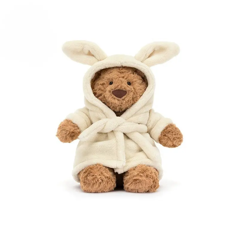 Bathrobe Brown Bear Plush Toy with Removable Bunny Ear Robe, Fluffy Stuffed Bear Animal, Soft Cuddly Plushie Gift for Babies Kids Collectors, Home Decor Cute Sleeping Bear Doll