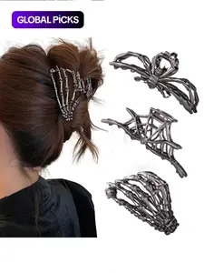 3 Pcs Hair Claw Clip Set, Black Spider Web, Skeleton Hand and Spider Claws for Women and Girls, Hip-Hop Style Metal, One Size for Thick and Thin Hair, Great for Hair Styling and Party Gifts