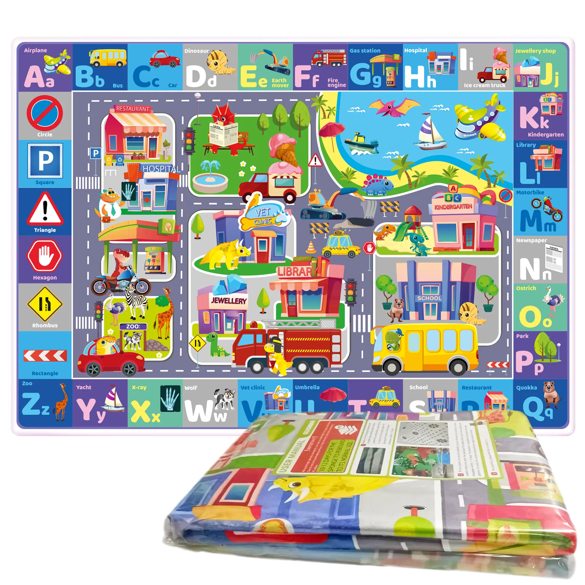 QUOKKA Plush ABC City Play Mat for Babies & Toddlers, Large Cotton Tummy Time & Crawling Mat, 60x41 Inch Foldable Padded Activity Rug for Nursery Floor, Tummy Time Play Mat