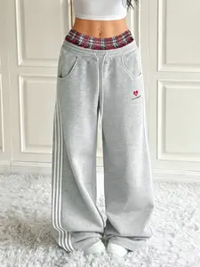 Women's Casual Street Fashion Two-Piece Sweatpants, Thick Knit Sport Pants, Elastic Waist Drawstring Design, Comfortable and Warm, Drawstring High Waist