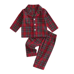 Toddler Kids Christmas Pajamas Set in Red Gingham Lapel Collar Button Down Long Sleeve Shirt Pants Sleepwear Loungewear Xmas Party Photo Clothes 1-10Y