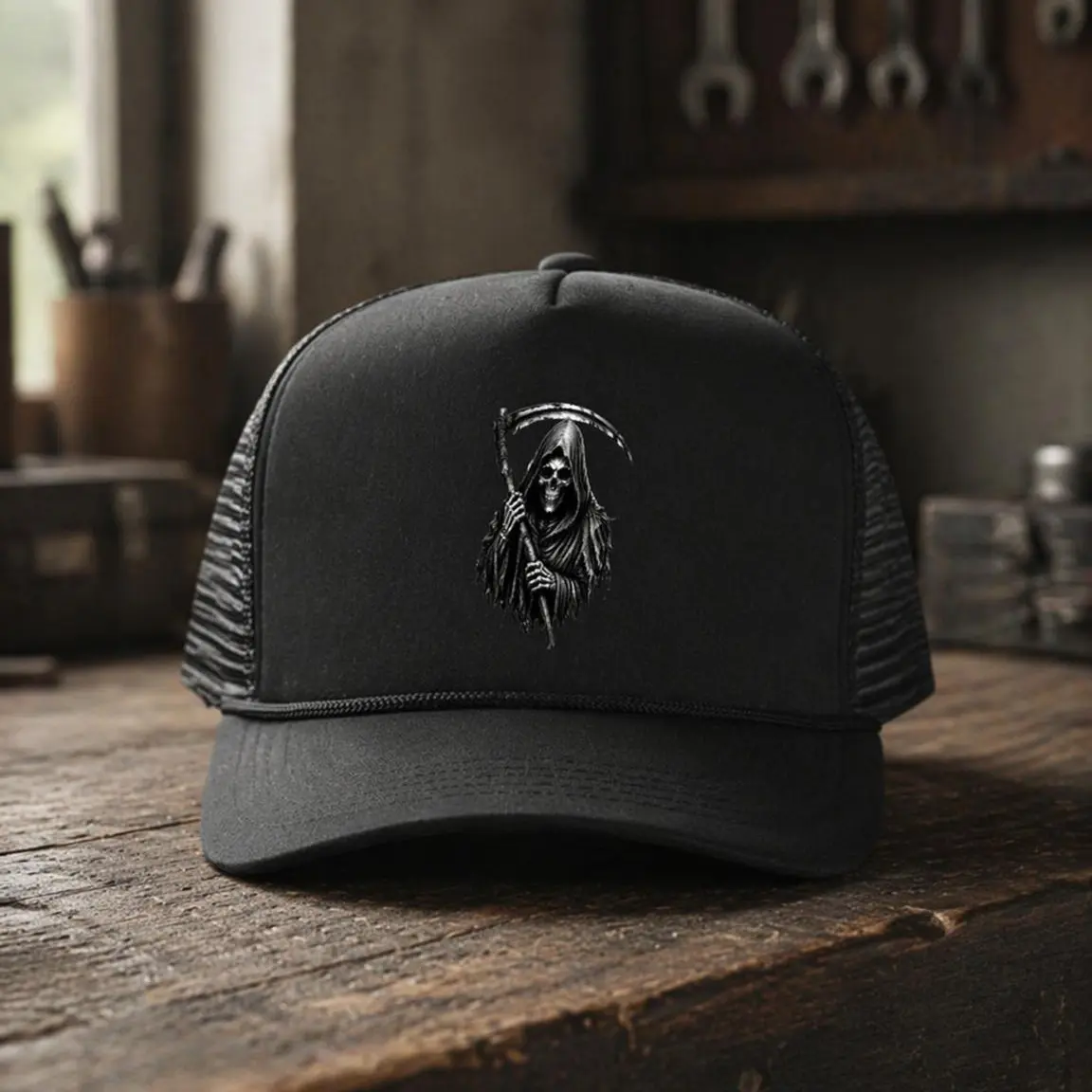 Men's Grim Reaper Trucker Hat - Edgy Graphic Print Polyester Baseball Cap with Breathable Mesh for 90s Streetwear & Daily Wear ideal men gift funny