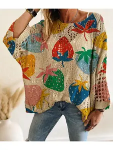 Spring & Summer off-shoulder diamond cutout batwing drop-shoulder loose knit top. Contrast strawberry print, long sleeve, bohemian & vacation style, casual elegant commute. Cover-up for vests and bikinis.