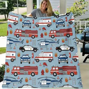 Cozy Fire Truck, Police, Ambulance Helicopter Design Flannel Throw Blanket Modern Urban Life Theme, Soft, Warm Stylish All-Season Gift for Sofa, Bed, Office Travel, Perfect for Family Friends, Fire Truck Deco