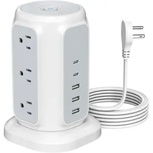 Flat Plug Power Strip Tower with 9 Outlets and 5 USB Ports (2 USB C),  1200J Surge Protector Tower with 6.5  1625W/13A Extension Cord with Multiple Outlets for Home Office Dorm