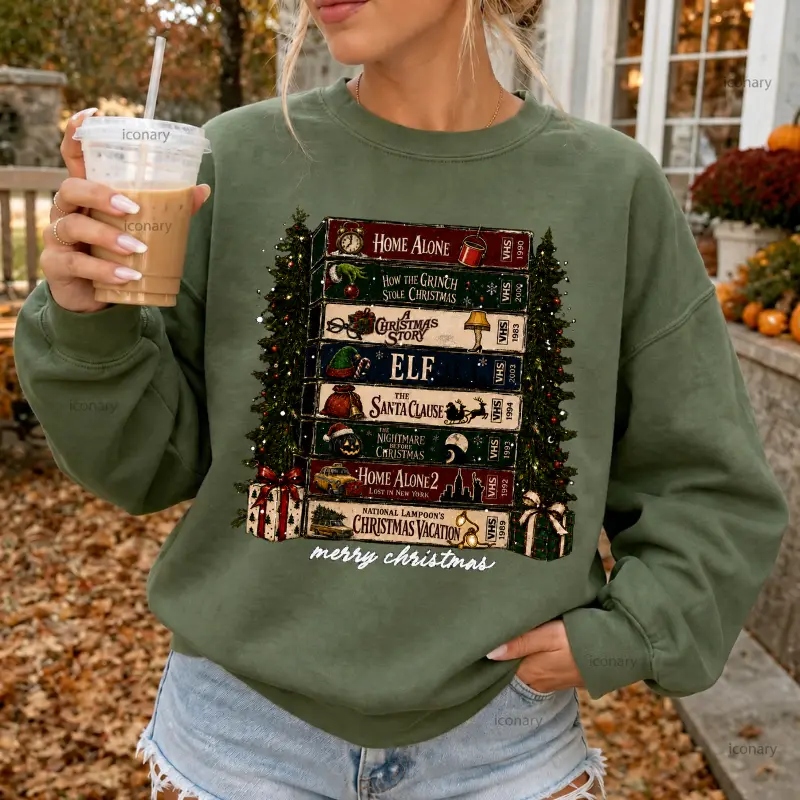 Classic Christmas Movies Sweatshirt, Vintage Holiday VHS Tape Graphic Crewneck, Cozy Movie Night Shirt, Merry Christmas Gift for Women