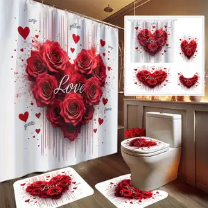 4pcs Valentine's Day Printed Shower Curtain Set,Non-Slip Mat, Toilet Lid Cover, and 12 Plastic Hooks, Bathroom Mats, Halloween Pumpkin Shower Curtain, Extra Long Shower Curtain, Fall Shower Curtain Sets For Bathrooms