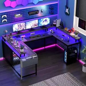 78-Inch Gray Versatile U-Shaped Computer Desk - Reversible L-Shaped Table with Power Outlets, RGB LED Lights, Dual Monitor Stand, Ample Storage, Ergonomic Adjustable Height Display for Gaming, Work