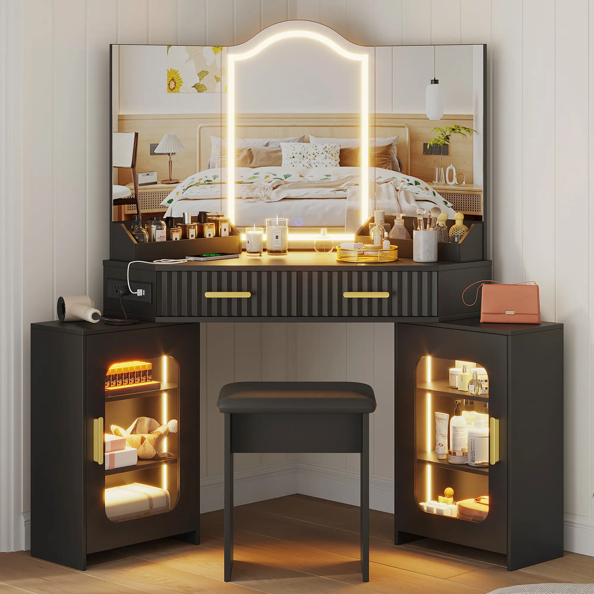 Corner Vanity Desk with LED Mirror & Lights, Hexagon Makeup Table with Charging Station, 2 Drawers & Storage Cabinets, Modern Black Vanity Set with Stool for Bedroom Corner