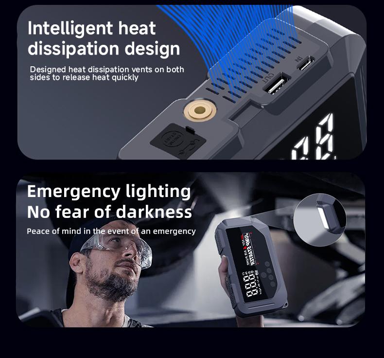 12V Portable Car Jump Starter 2000A Peak Emergency Battery Booster, Multifunction Power Bank with LED Light & Safe Protection, Universal Vehicle Jump Box for Roadside Assistance, Outdoor Camping and Daily Emergencies