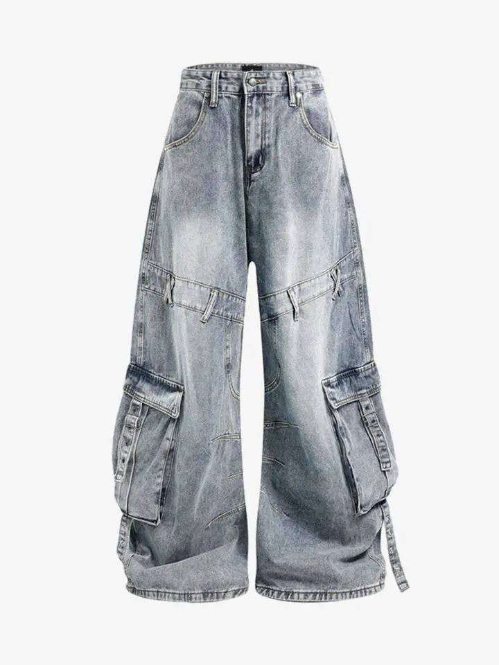 Thesupermade Deconstructed Multi Pocket Cargo Jeans | Black Wash Distressed Wide Leg Denim Streetwear Pants Men