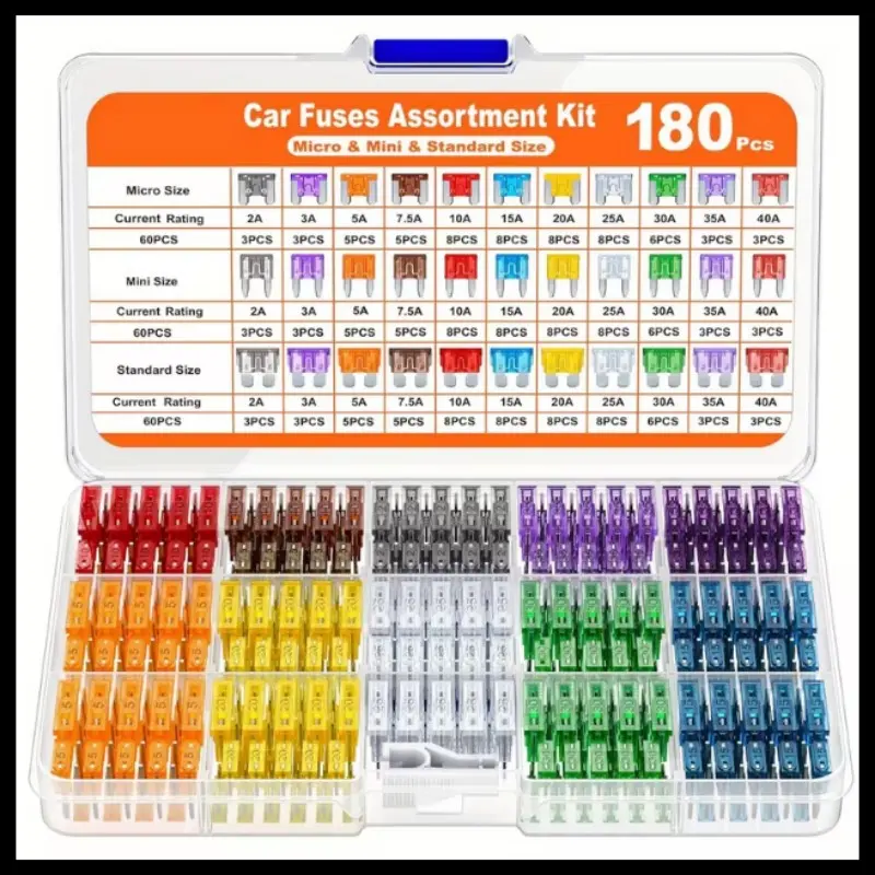 180/300pcs Automotive Fuse Kit, Includes 60 Mini Blade Fuses, 60 Standard Automotive Fuses, 60 Micro Fuses, and 1 Fuse Puller. Suitable for Cars, RVs, Trucks, and Motorcycles, Vehicle