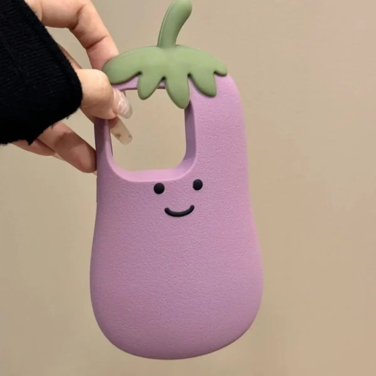 Cute Style Eggplant iPhone Case for 16PRO - Adorable Smile Face Design with Green Leaf Top - Compatible with iPhone 16PRO - No Warranty