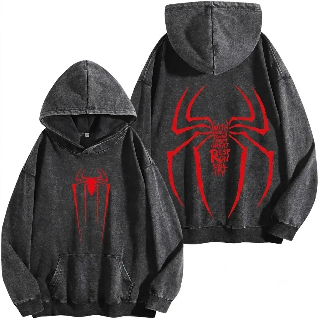 Vintage Washed Heavyweight Spidey Washed Hoodie, Oversized Dark Aesthetic Streetwear Graphic T-Shirt for Men & Women. Grunge Distressed Edgy Workout Gym Pump Cover, Cyberpunk Y2K Retro Urban Menswear.