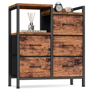 5 Drawer Rustic Brown Dressers for Bedroom 2 Tier Shelf Storage Small Fabric Dresser for Closet Sturdy Metal Frame Modern Style Storage Cabinets Organization Units for Hallway Rooms Five-drawer fabric-paneled wardrobe, double-layer shelf storage cabinet
