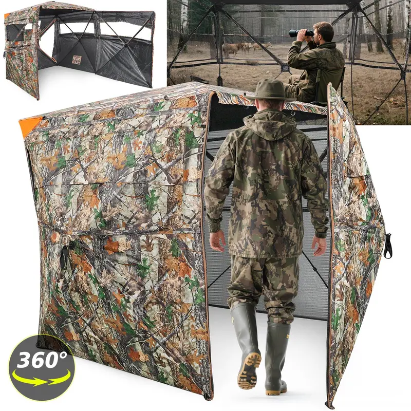 Hunting Blind with Full Open Door 270°/360° See Throught Ground Blind for Deer Hunting Blaze Orange Safety Panels, Portable Hunting Blind Camouflag