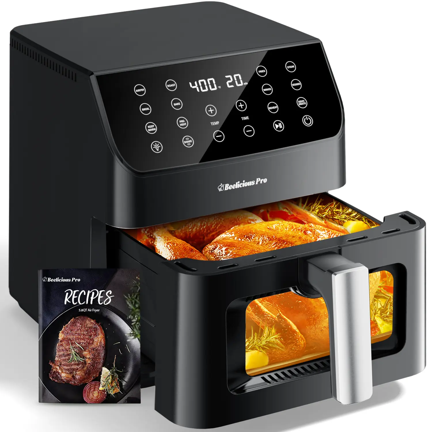 Beelicious 5.8QT Large Air Fryer, 12-in-1 Digital Airfryer with Clear Window, 40+ Recipes, Flavor-Lock Tech, Shake Reminder, Compact, Quiet, Dishwasher Safe, Nonstick, Fit for Family of 2-5, Black Multifunctional Cooker