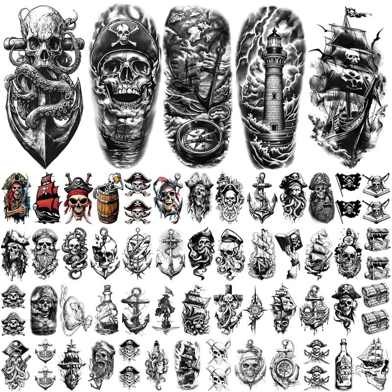 77 Sheets Pirate Temporary Tattoos Adult,Captain Anchor Compass Sailboat Tattoos, Pirate Ships Flag Skull Crossbones Sailor Fake Tattoo for Costume, Fake Arm Tattoos for Men Women Kids