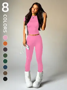 Women's Short Sleeve Round Neck Moisture Wicking Yoga Pants Set, Comfortable Fashion Daily Sports Wear, Elastic Sportswear, Workout Running Clothes